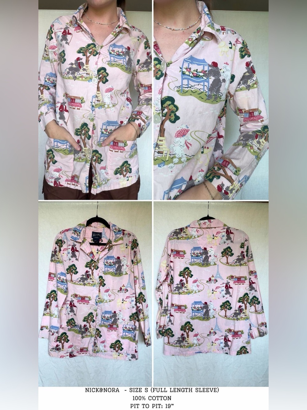 vintage RARE Nick&Nora poodles in paris pink button front long sleeve shirt S - Picture 5 of 5